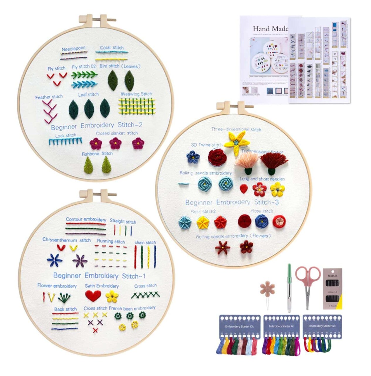 3-Pack Beginner Embroidery Kit – Learn 33 Stitch Techniques with Floral Patterns, Hoops, Threads & Tools